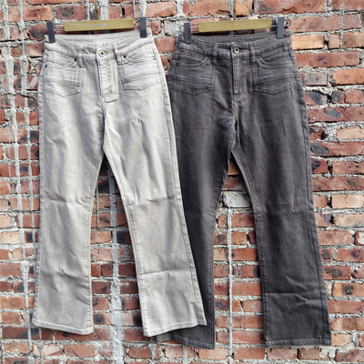 外贸秋款复古休闲微喇九分裤 矮个子显瘦中腰做旧微弹休闲裤女 秋