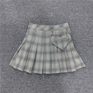 夏 心形口袋显瘦百褶半身裙 外贸H家夏季 女士百搭休闲A字格子短裙