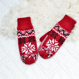 柜子货真品儿童欧美圣诞风花色全指学生加厚毛线内加绒保暖手套冬