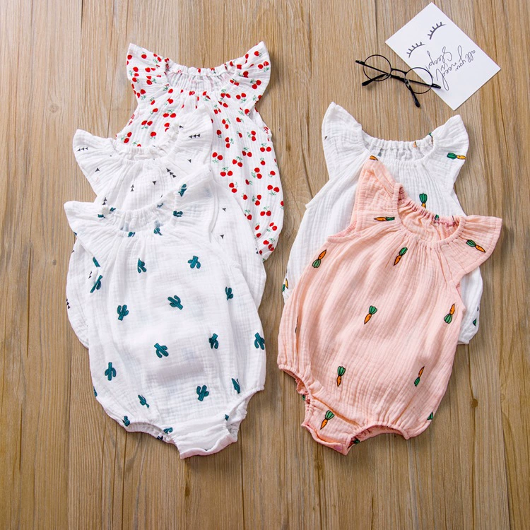 H1208#夏季婴童哈衣ins欧美褶皱连身爬服印花卡通图案宝宝哈衣