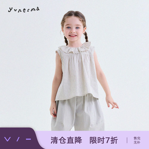 允儿妈女童格子花边背心娃娃衫