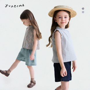 纯棉碎花无袖 允儿妈女童夏季 法式 花边领格子背心儿童2026新款 衬衫