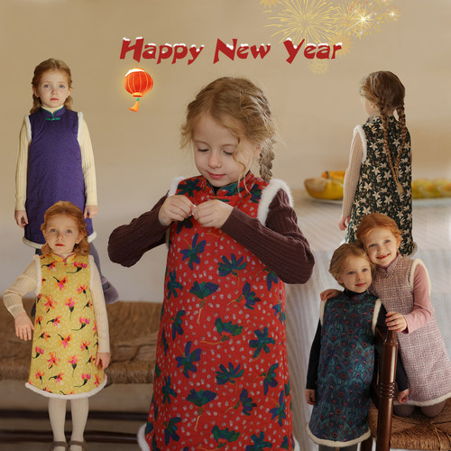 银兰貂加棉碎花复古旗袍裙