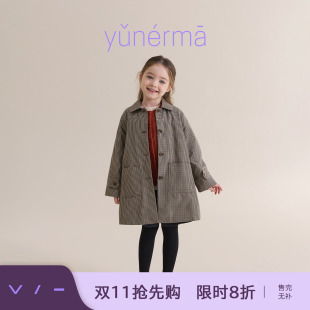 允儿妈女童冬季新款法式格子翻领外套儿童时尚加绒风衣加厚大衣潮