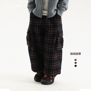 允儿妈女童冬季加绒格子工装裤儿童秋冬加厚休闲裤宝宝时尚裤子潮