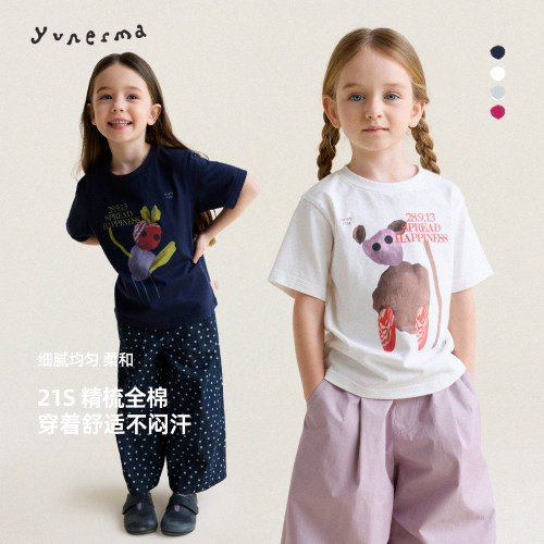 允儿妈女童春夏新款插画圆领短袖