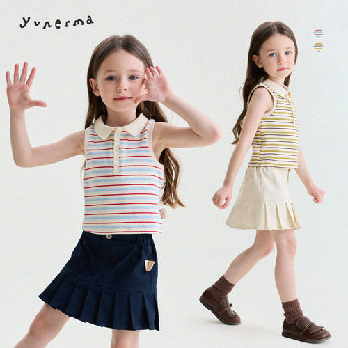 允儿妈女童简约条纹翻领polo背心