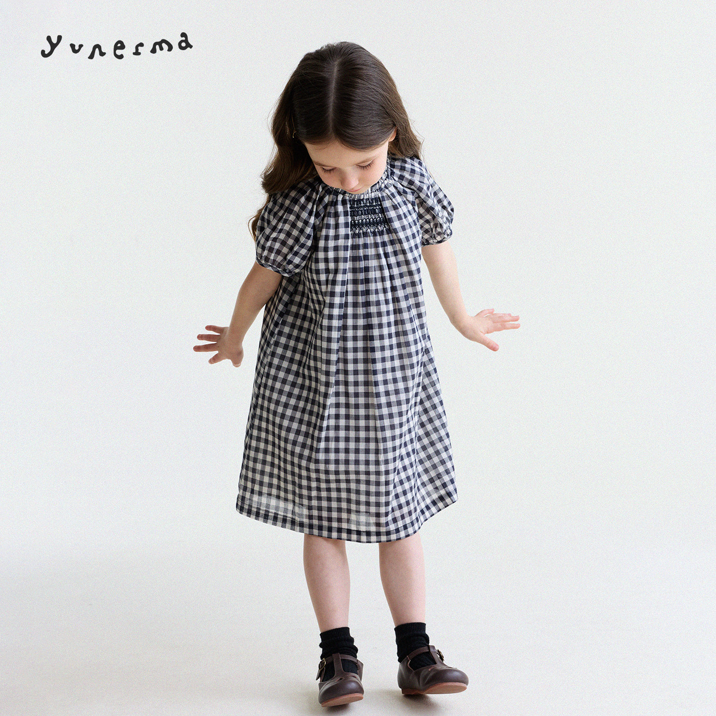 允儿妈女童夏季新款法式手工打缆格子连衣裙宝宝纯棉公主裙长裙潮