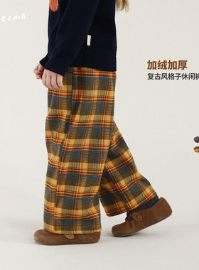 允儿妈女童加绒加厚格子休闲裤