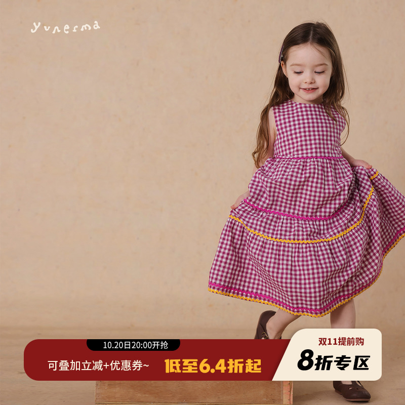 允儿妈女童日系格子拼接连衣裙