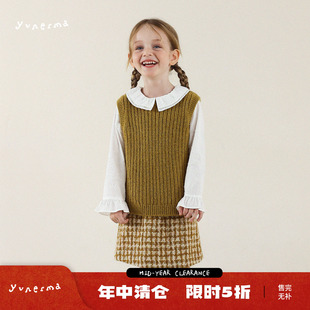 允儿妈女童冬季小众格子衬衫马甲短裙套装宝宝秋冬娃娃衫背心半裙