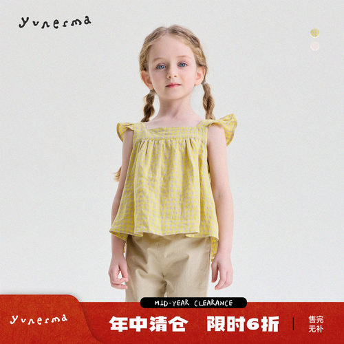 允儿妈女童夏季韩系格子飞袖背心