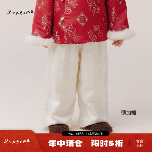 允儿妈女童冬季纤麻混纺简约国风加棉休闲裤宝宝加厚裤子儿童棉裤