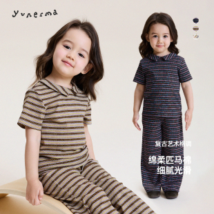 宝宝裤 允儿妈女童春夏新款 儿童短袖 套装 子潮 匹马棉翻领T恤休闲裤