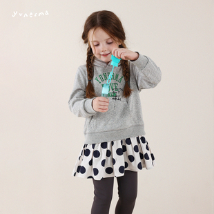 允儿妈女童春季小众波点拼接连帽卫衣裙儿童时尚公主裙宝宝连衣裙