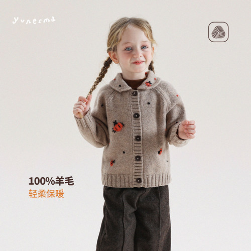 允儿妈女童纯绵羊毛刺绣翻领毛衣