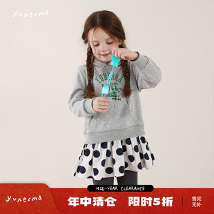 允儿妈女童春季小众波点拼接连帽卫衣裙儿童时尚公主裙宝宝连衣裙