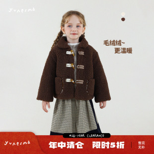 允儿妈女童冬季新款小众复古牛角扣毛毛棉衣儿童保暖棉服宝宝棉袄