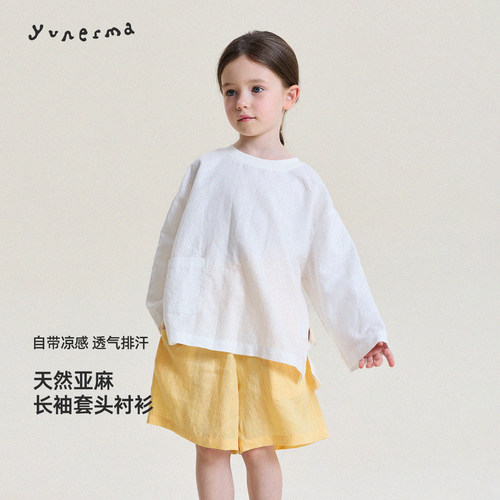允儿妈女童韩系纯亚麻圆领T恤