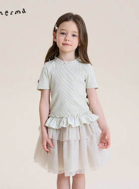 允儿妈女童春夏韩系小众花边短袖 儿童2026新款T恤女孩洋气上衣潮