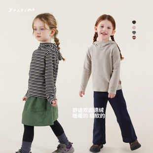 允儿妈女童冬季加绒连帽条纹纯色打底衫宝宝加厚长袖儿童上衣T恤