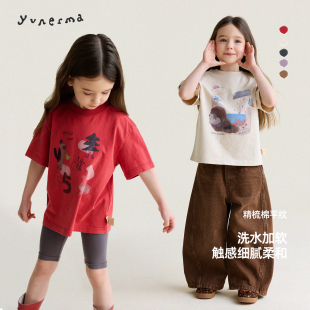 做旧卡通短袖 允儿妈女童2026新款 儿童T恤 原创插画师合作款