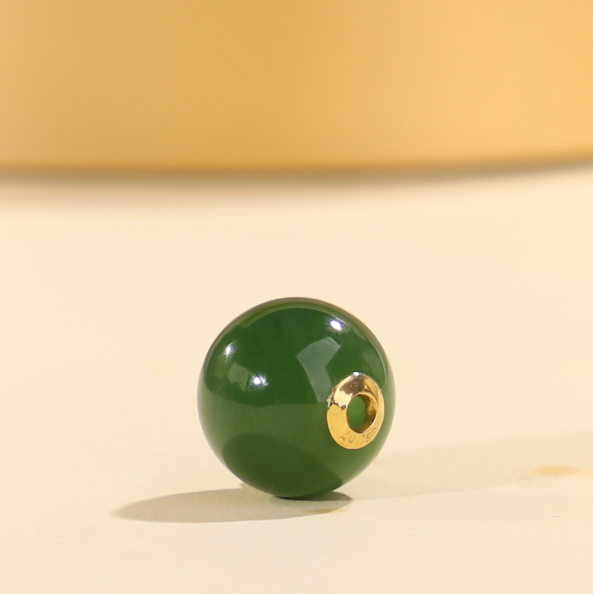 俄料碧玉圆珠18K金贴片镶嵌孔道