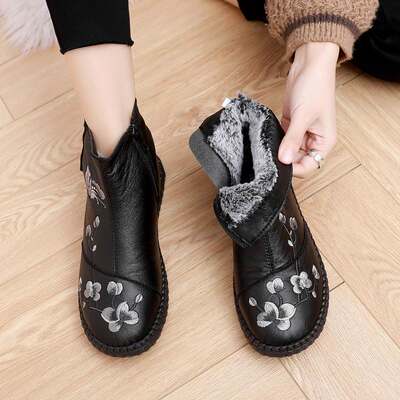 老北京布鞋女靴子软底防滑妈妈棉鞋女冬季加绒加厚保暖平底短靴女