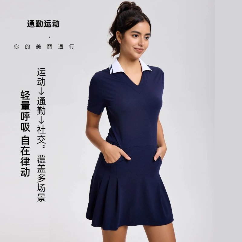 复古翻领短袖运动裙连衣裙A字裙