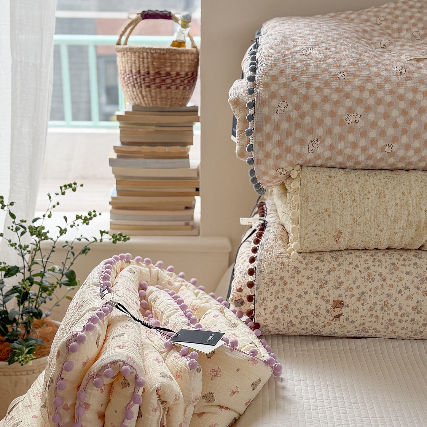 法式小碎花纯棉皱皱纱一体被全棉球球边可机洗双人春秋夏被子