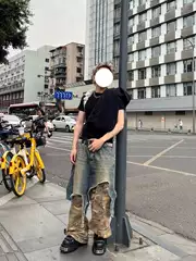 American High Street Heavy-Duty Patchwork Faux Two-Piece Distressed Camouflage Functional Loose Workwear Jeans