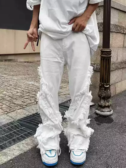 Original American-Style Trendy Niche Design Tassel Jeans White 2023 Height-Enhancing Solid Color Long Pants Casual Trousers
