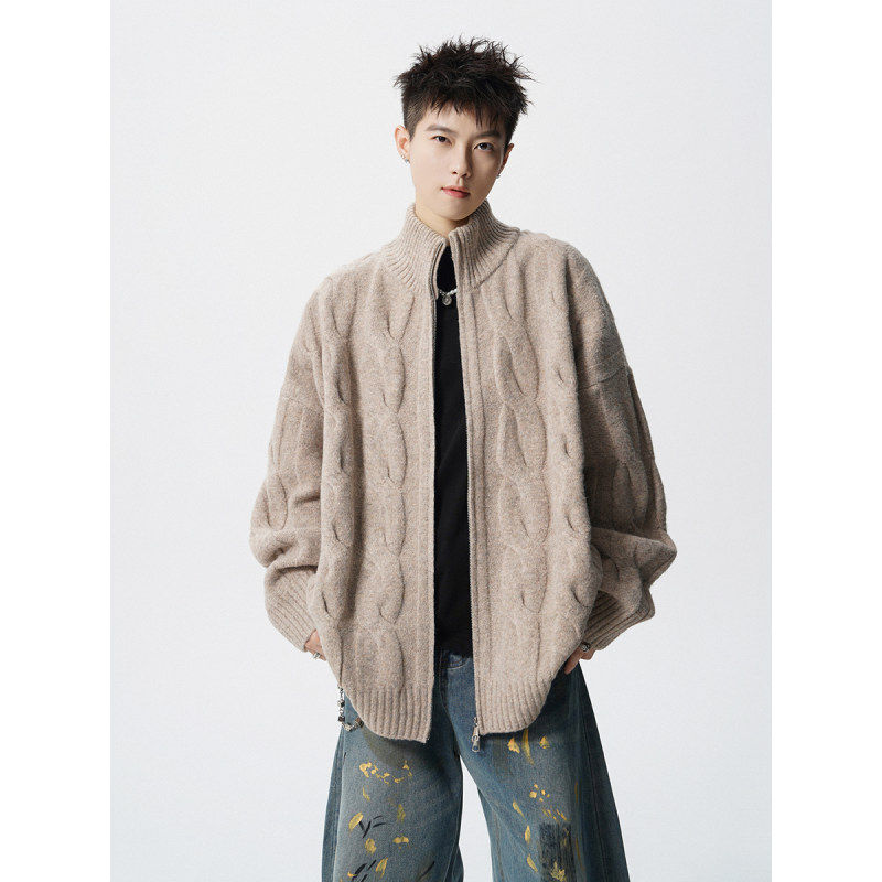 美式纯色麻花肌理感针织开衫外套男春秋季新款宽松慵懒风休闲毛衣