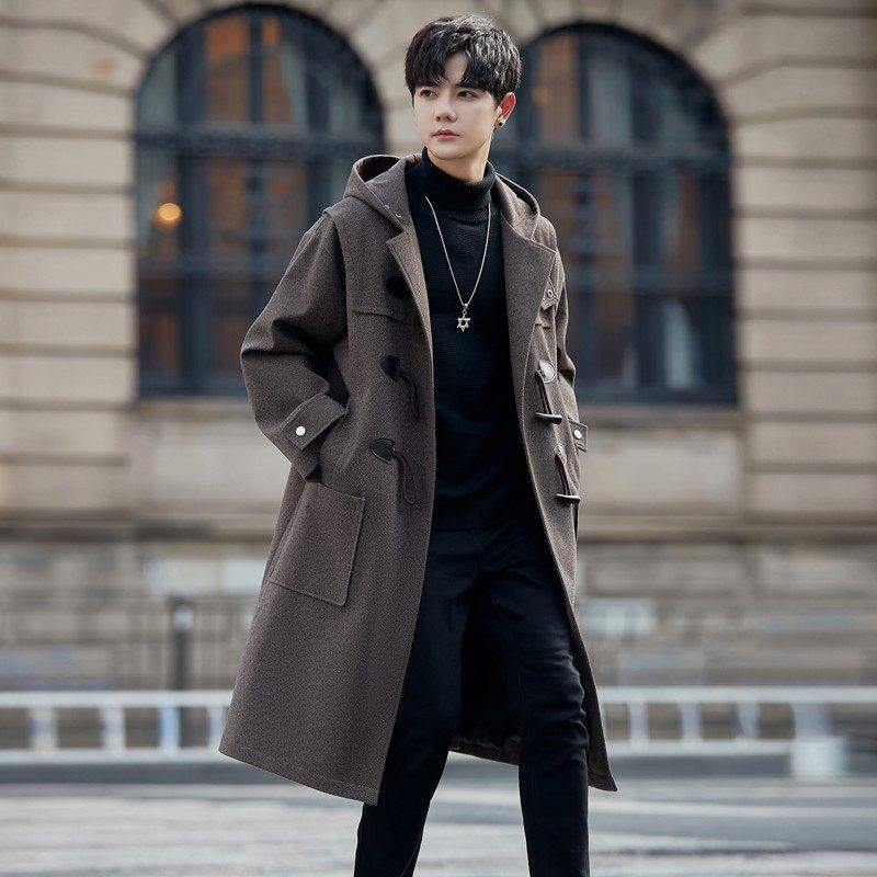 毛呢大衣男中长款秋冬季牛角扣加厚呢子外套轻熟风高级感连帽风衣,男装,毛呢大衣,淘宝优惠券,粉丝福利购,淘宝优惠卷