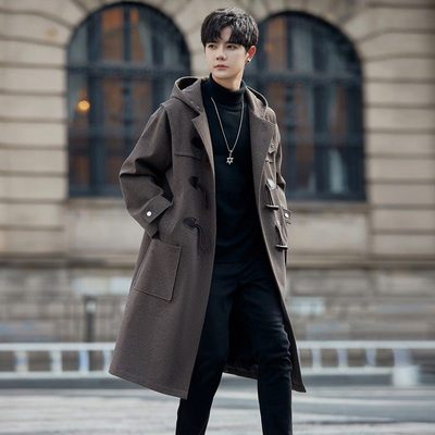毛呢大衣男中长款秋冬季牛角扣加厚呢子外套轻熟风高级感连帽风衣