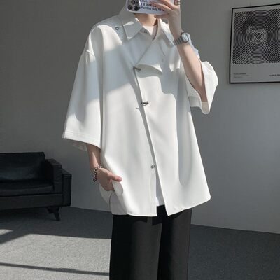 新中式冰丝短袖衬衫男夏国风痞帅飞机扣大码上衣cleanfit衬衣外套
