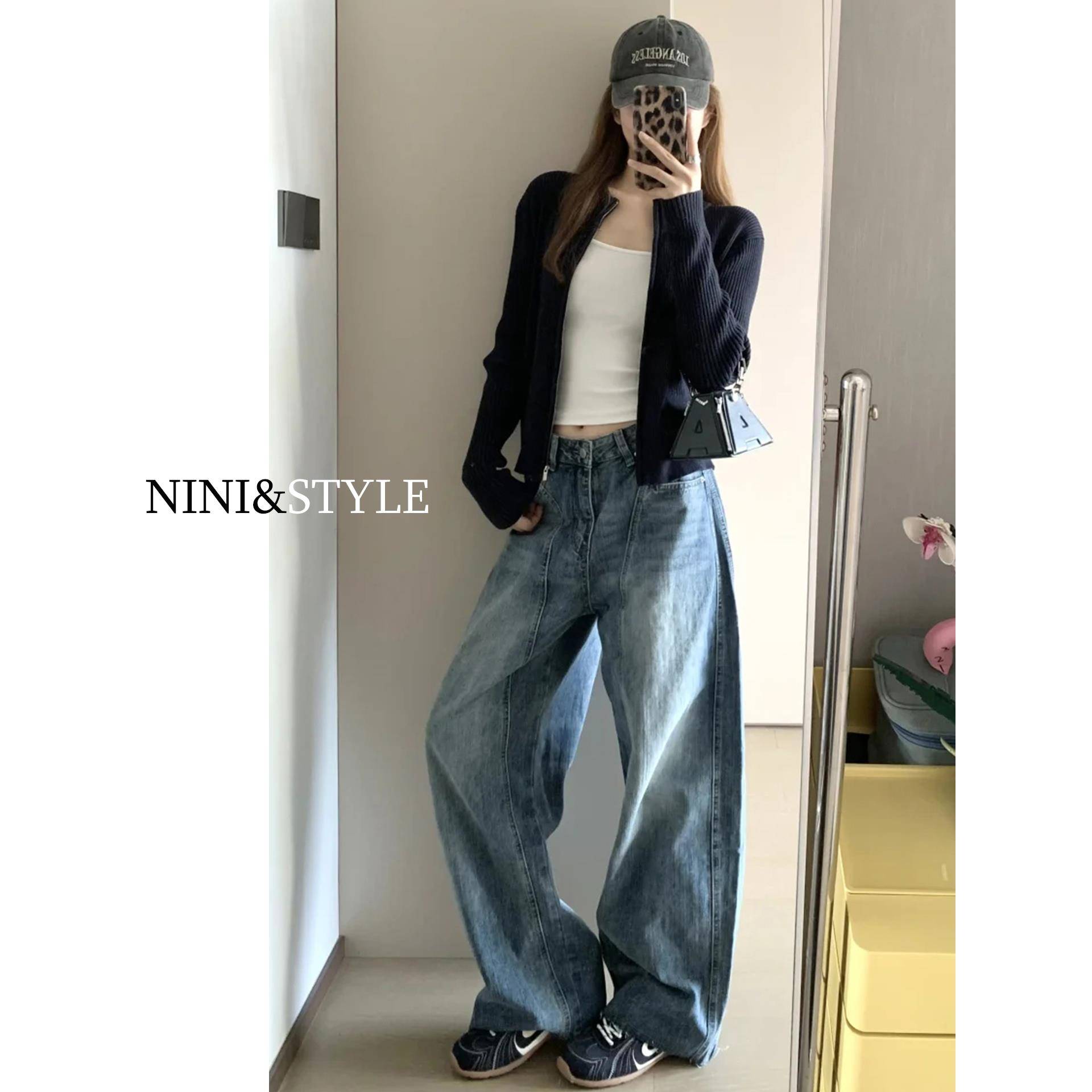 美式复古弯刀阔腿牛仔裤女2025秋季新款高腰宽松显瘦直筒镰刀裤子