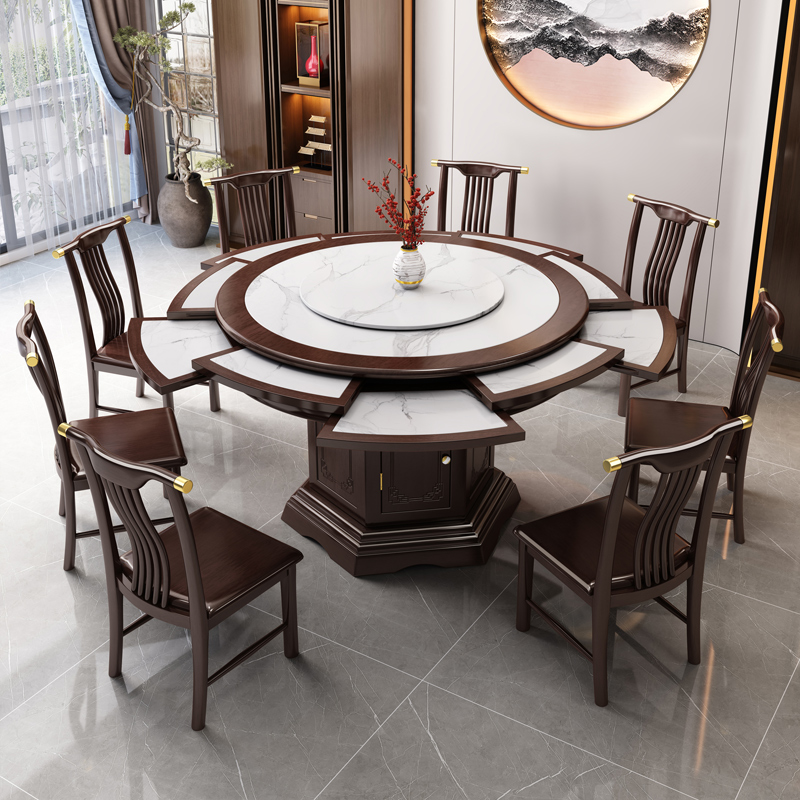 新中式实木岩板旋转伸缩餐桌椅组合可扩大变形圆桌带转盘家用饭桌