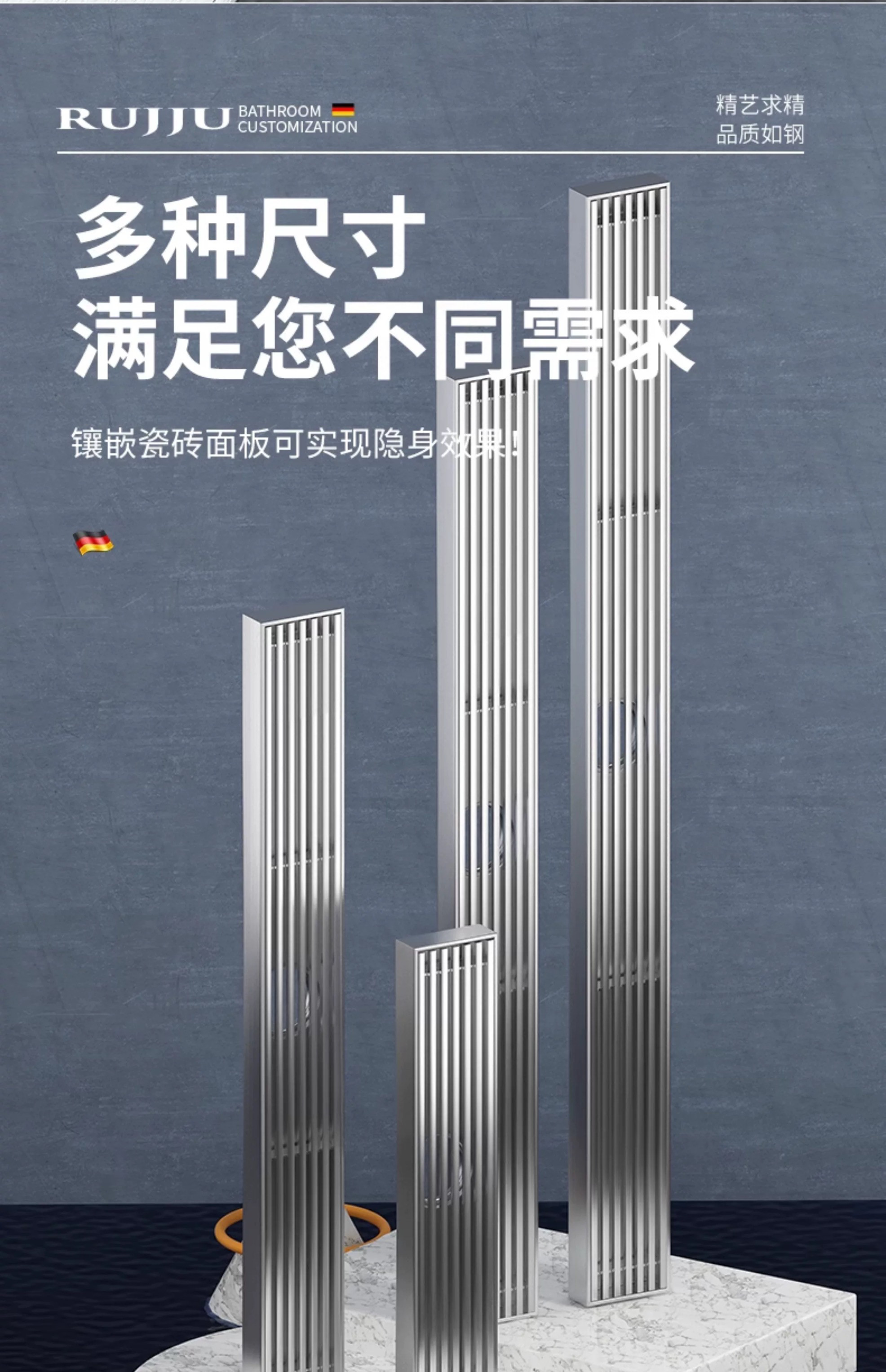 304不锈钢色长条地漏防臭全铜地漏芯侧排实心条竹排加长地漏淋浴