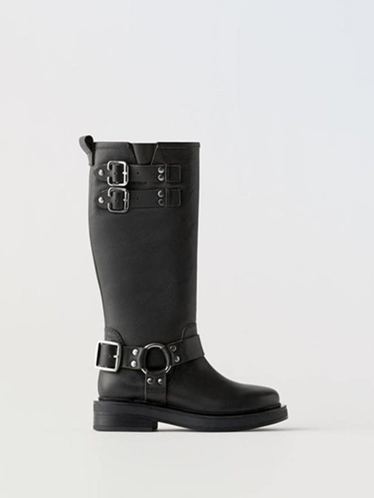 ZA2023 가을 신작 하이 부츠 가죽 버클 장식 오토바이 스타일 나이트 부츠 미드 커프 레트로 데님 웨스턴 부츠