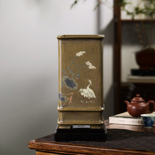 高档精品艺师泥绘宜兴原矿鲨皮青竹节高四方紫砂签筒千筒兰花盆