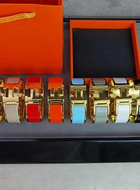 欧美情侣款玫瑰金色蓝色珐琅手镯气质百搭宽版20mm爱家手镯不掉色