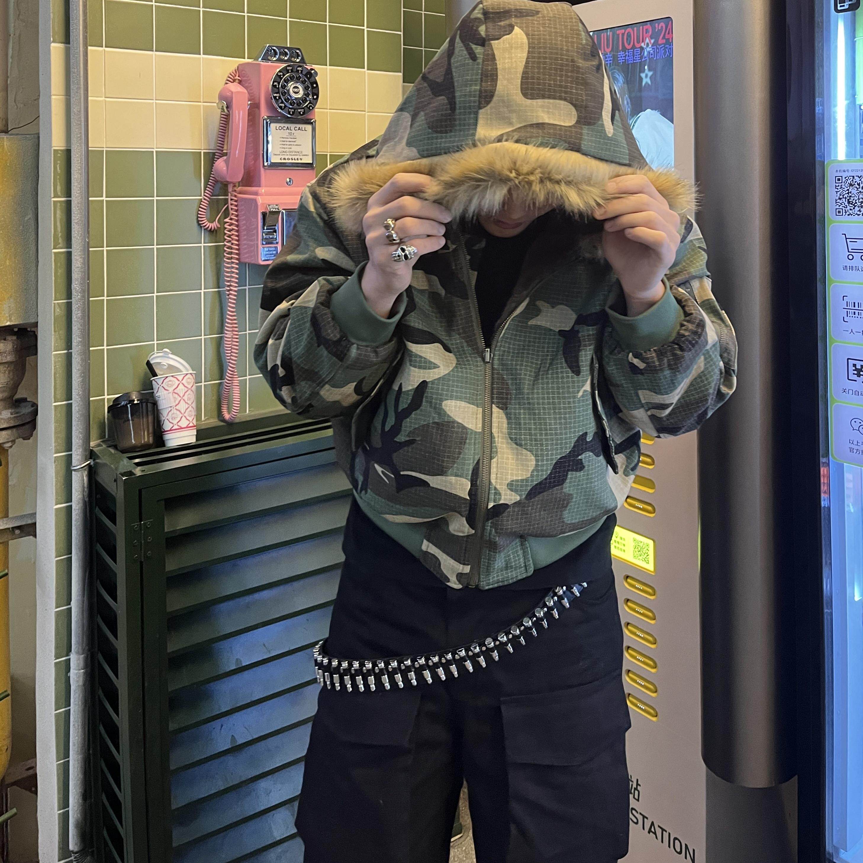JELLO同款美式复古迷彩毛领座山雕棉服男款冬季两面穿外套连帽棉