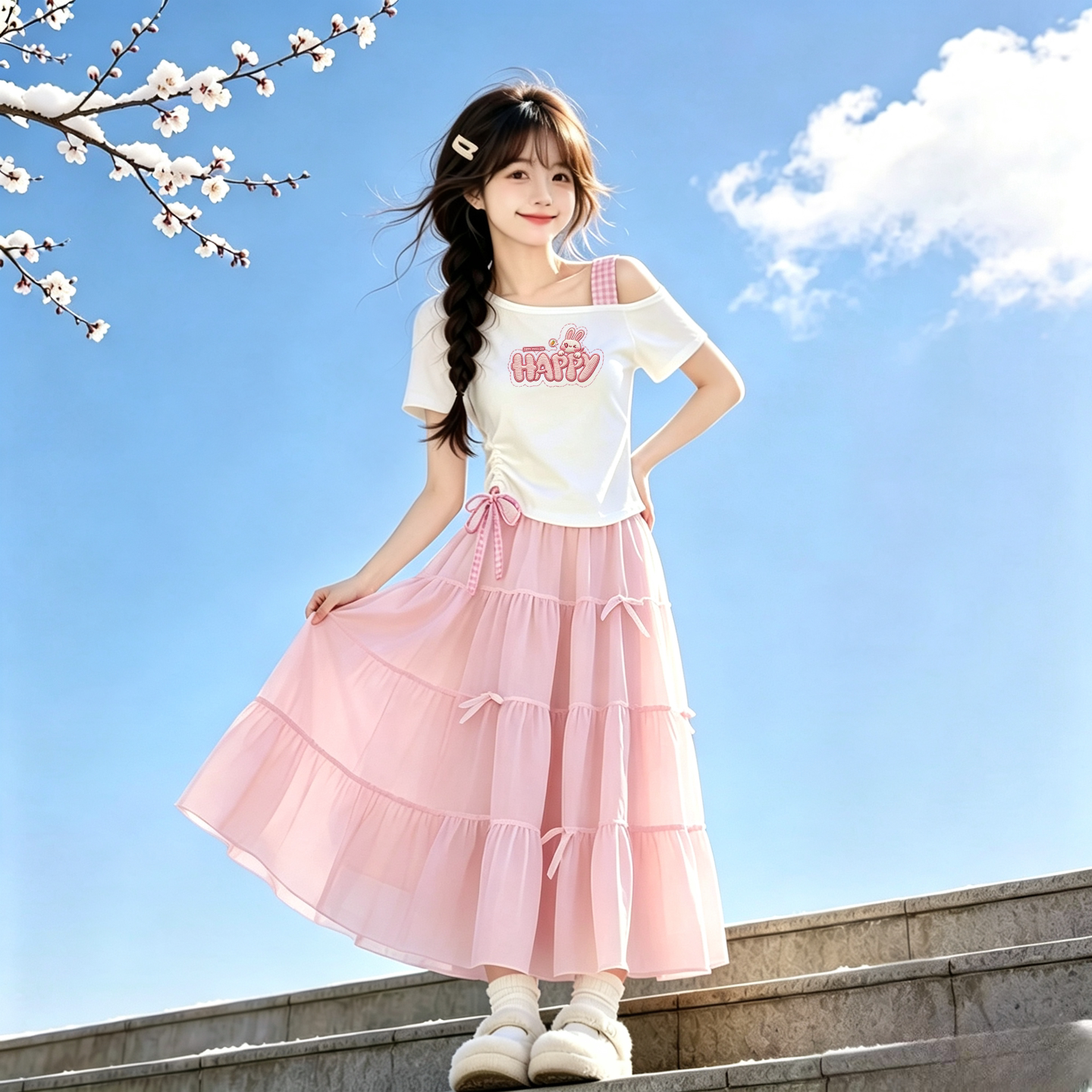 女童夏季韩系斜肩短袖连衣裙套装图片
