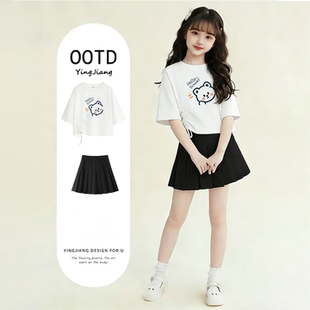 女童短袖T恤百褶裙两件套2026夏季新款初中生女时尚洋气百搭套装