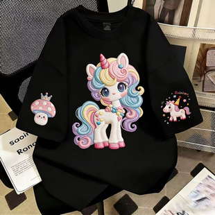 黑色T恤女童2026夏新款爆款初中生女仿刺绣印花高级显瘦短袖上衣