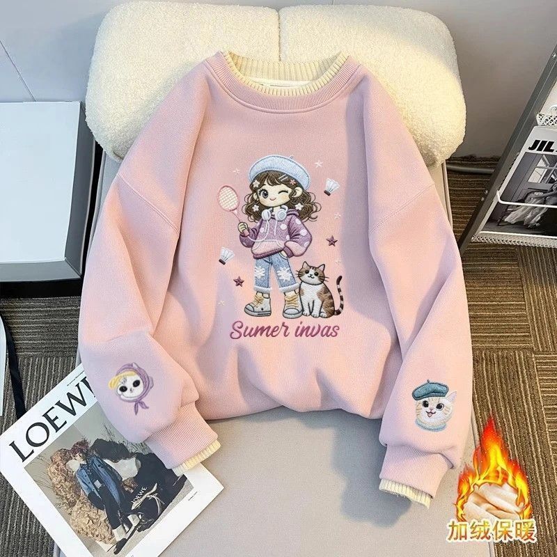 女童加绒圆领卫衣冬季2026新款