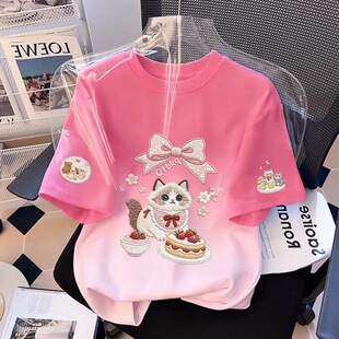 女童独特超好看薄圆领短袖 渐变多巴胺卡通印花上衣 T恤2026夏新款