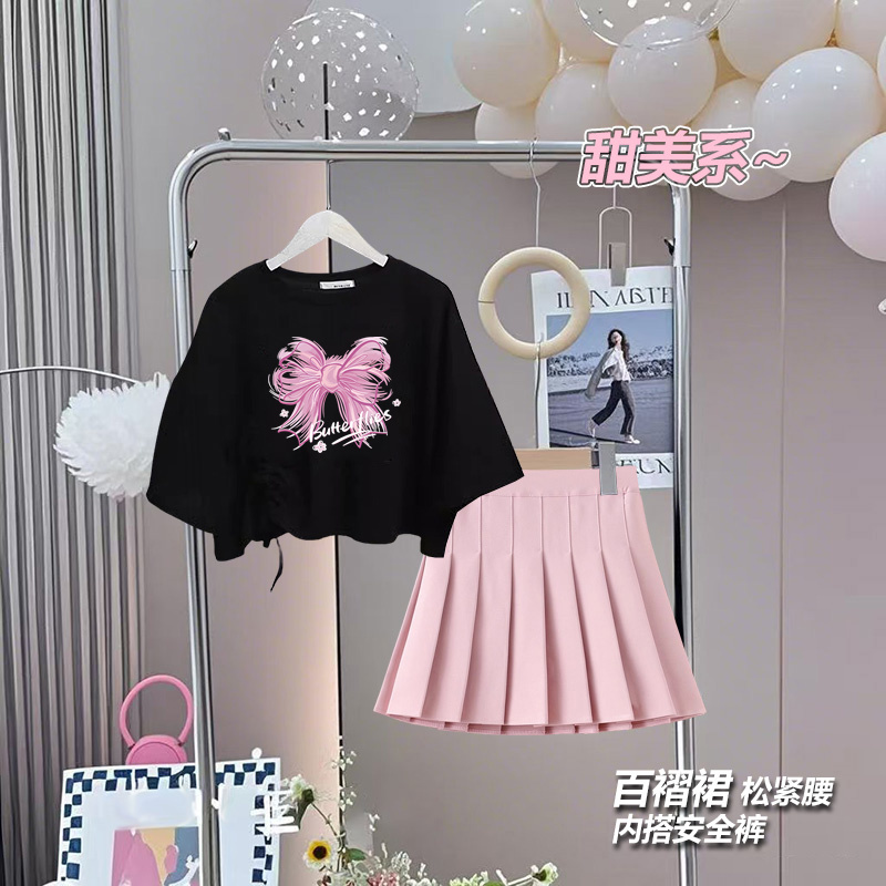女童夏季裙子套装2025新款儿童休闲女孩夏装大童短袖百褶裙两件套
