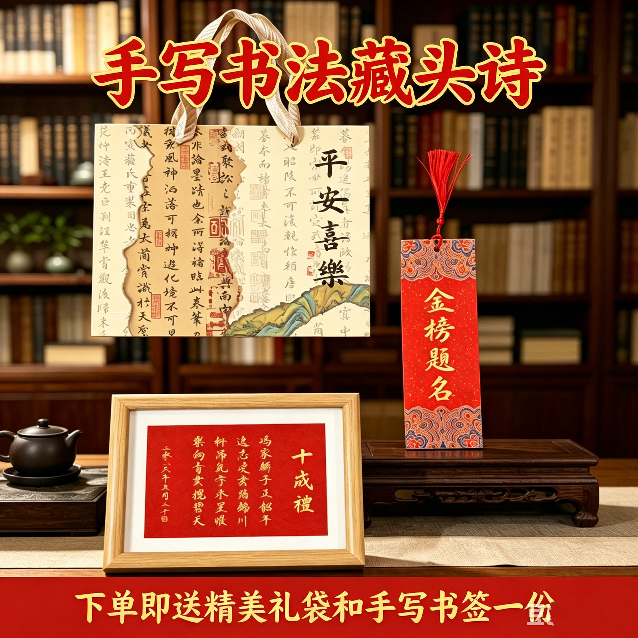 十岁礼藏头诗相框摆台中国风周岁书法